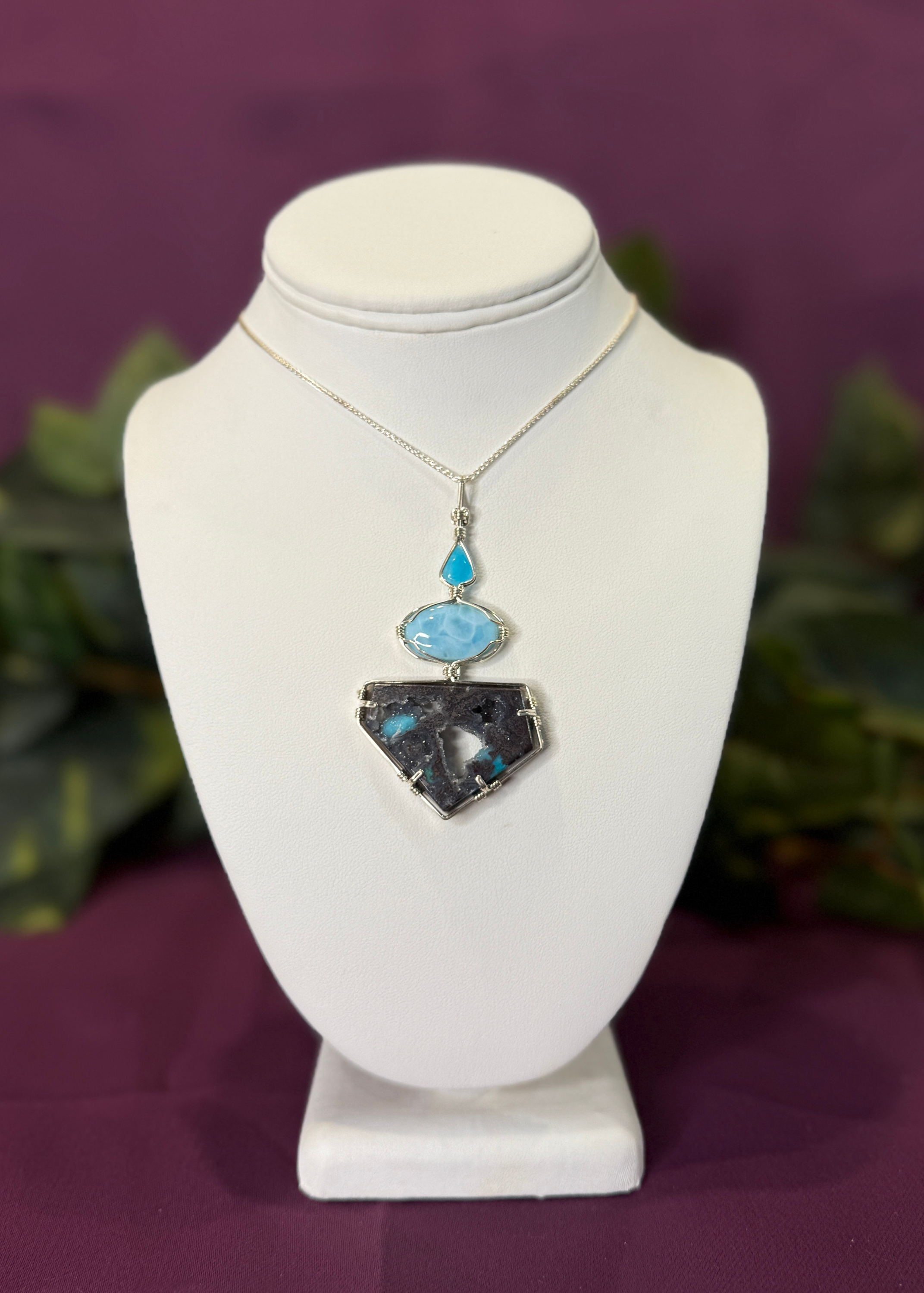 Hemimorphite, Larimar & Merlinite Pendant