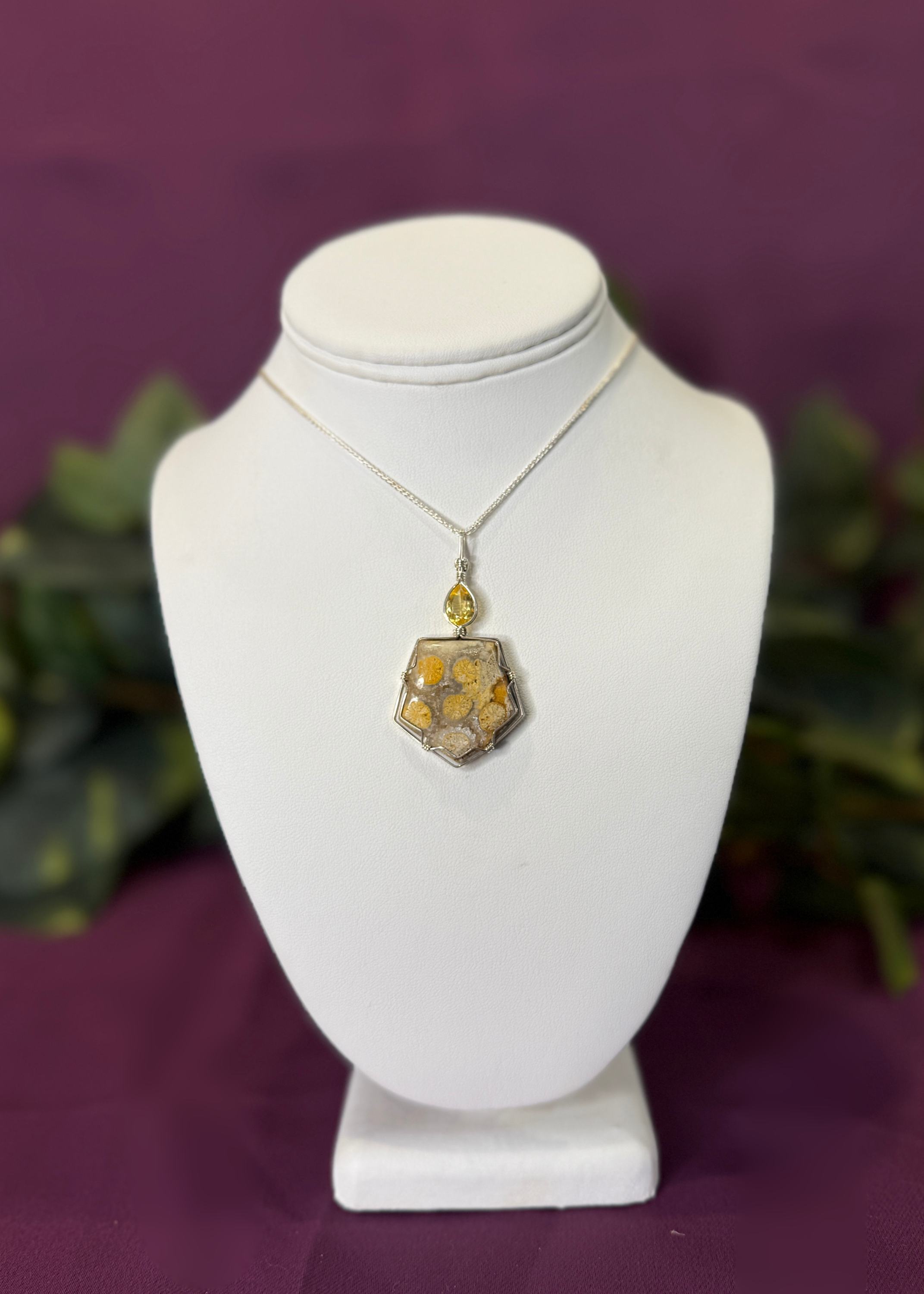 Yellow Beryl & Fossil Coral Pendant